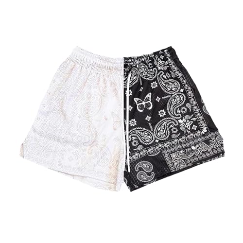 BOOMLEMON Herren Paisley Shorts Mesh Grafik Print Retro Casual Shorts Athletic Gym Basketball Laufen Kurze Hose, Schwarz Weiß, Mittel von BOOMLEMON