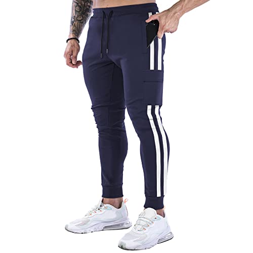 BOOMLEMON Herren Trainingshose Jogger Casual Slim Pants Gym Workout Tapered Sweatpants mit Streifen - Blau - Mittel von BOOMLEMON