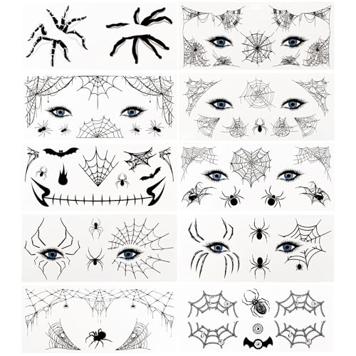 10pcs Halloween Tattoo Spinnennetz Gesicht Aufkleber Spinnen Halloween Face Tattoos Schwarz Gesichtstattoo Kinder Erwachsene Temporäre Tattoo Face Art Sticker für Karneval Mottoparty von BOOMTOP