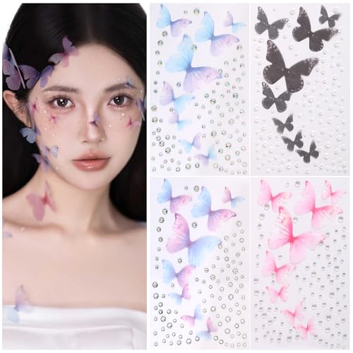 4Blatt 3D Schmetterling Tattoos Glitzersteine Gesicht Aufkleber Selbstklebend Schmetterlinge Kostüm Körper Strasssteine Geischtstattoos Face Art Tattoos für Sommer Karneval Musikfestival Make Up von BOOMTOP