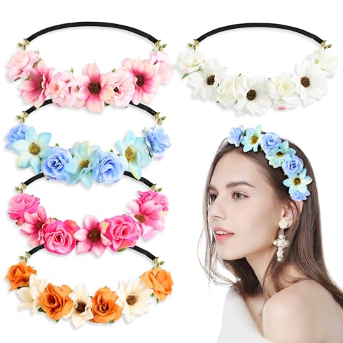 5pcs Blumen Haarband Blumenkranz Haare Trachten Haarreifen Dirndl Blumen Rosen Gäsenblümchen Haarschmuck Stirnbänder Blumenkrone mit Elastischem Gummiband für Hochzeit Karneval Festival Mottoparty von BOOMTOP