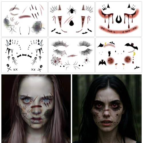 6pcs Halloween Tattoos Gesicht Aufkleber Halloween Face Tattoos Gruselig Narben Fledermaus Spinnennetz Gesichtstattoo Kinder Erwachsene Temporäre Tattoo Face Art Sticker für Karneval Mottoparty A von BOOMTOP
