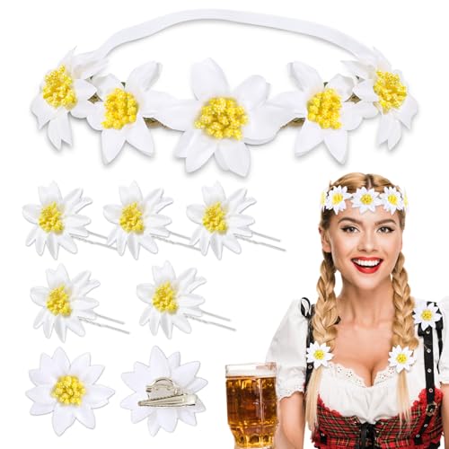 7pcs Oktoberfest Haarschmuck Trachten Haarreif Dirndl Edelweiß Wiesn Edelweiss Blüte Elastisch Blumenkranz Blumen Haarband Haarclips Haarnadeln Anstecker Karneval Mottoparty Hochzeit Haar Accessoires von BOOMTOP