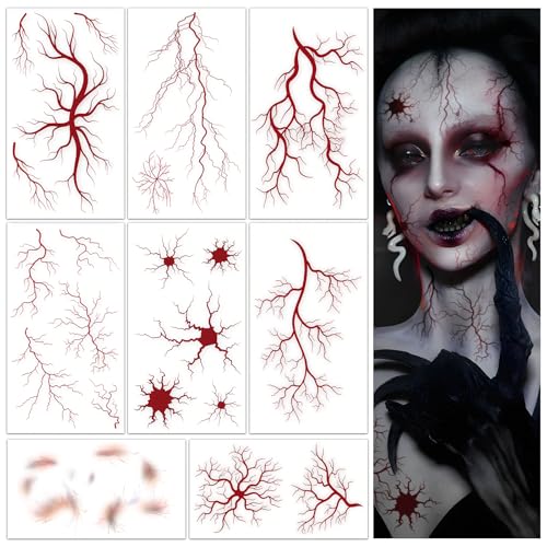 8 Bögen Halloween Tattoo Blutgefäß Gruselig Gesicht Aufkleber Halloween Temporäre Tattoos Face Tattoos Rot Gesichtstattoo Kinder Erwachsene Face Art Sticker für Karneval Mottoparty von BOOMTOP