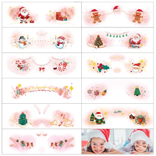 BOOMTOP 11 Bögen Weihnachten Tattoos Gesicht Aufkleber Kinder Weihnachten Face Tattoos Gesichtstattoo Süße Weihnachtsmann Schneemann Erwachsene Rosa Temporäre Tattoo Winter Neujahr Face Art Sticker von BOOMTOP