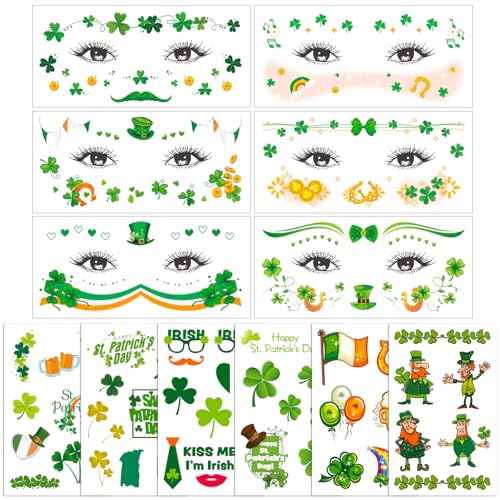 BOOMTOP 12Blatt St. Patrick's Day Tattoos Kleeblatt Temporäre Tattoos Gesicht Glitzer Gesichtstattoos Face Art Sticker Körper Klebetattoos Grün Happy St. Patricks Day Kostüm Irische Deko Accessoires von BOOMTOP