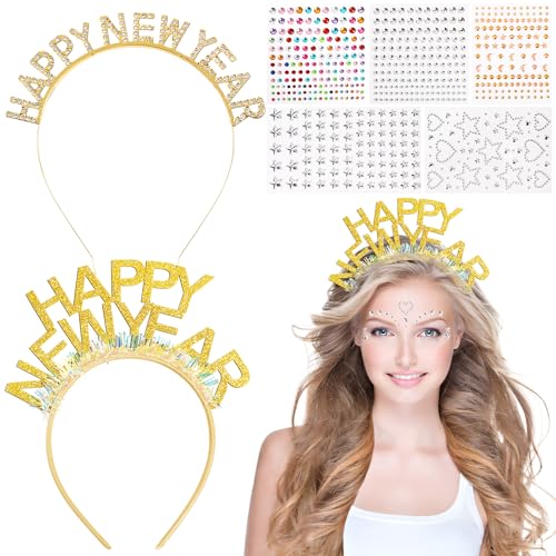BOOMTOP 2 Silvester Haarreif Happy New Year Haarreifen 2025 mit 5 Bögen Strasssteine Selbstklebend Strass Aufkleber Glitzer Silvester Deko Gold Stirnband Kopfschmuck Weihnachten Neujahr Dekoration von BOOMTOP