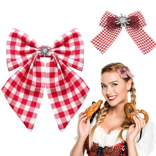 BOOMTOP 2 Stück Trachten Haarspangen Haarschleife Kariert Dirndl Haarschmuck Edelweiß Rot Weiß Schleife Haarclip Haarklammern Kopfschmuck Accessoires für Mädchen und Frauen von BOOMTOP