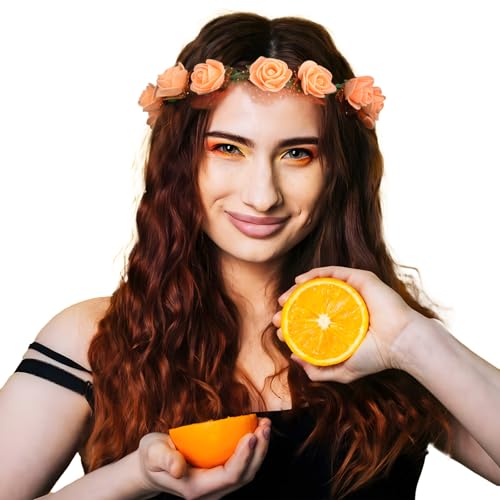 BOOMTOP 2pcs Blumenkranz Haare Orange Blumen Haarreif Damen Karneval Kostüm Orange Schaumstoff Blumen Stirnband Rosen Braut Blumenkrone Hochzeit Fasching Kopfschmuck 80er 90er Outfit Accessoires von BOOMTOP