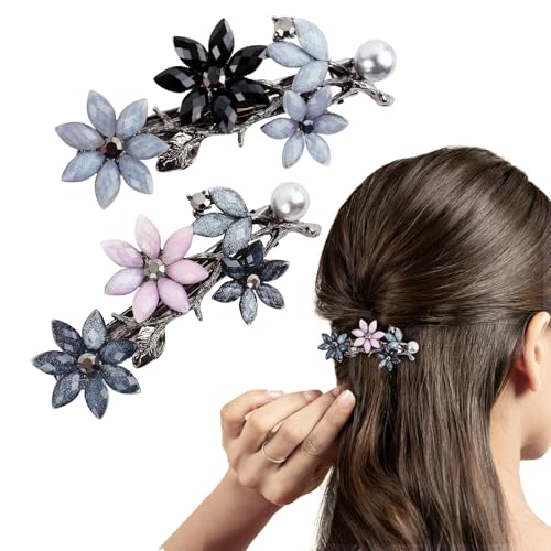 BOOMTOP 2pcs Elegante Haarspangen Blumen Damen Mädchen Haarklammern mit Kristall Blumen Glitzer Haar Clips Französisch Haarschmuck Vintage Haar Accessoires Schwarz Grau Blau Rosa von BOOMTOP