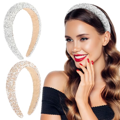 BOOMTOP 2pcs Glitzer Haarreifen Damen Gepolstert Strass Perlen Haarreif Silvester Weihnachten Haarschmuck Breit Haarbänder Glänzend Silvester Stirnband Mädchen Braut Haarschmuck Neujahr Geschenk von BOOMTOP