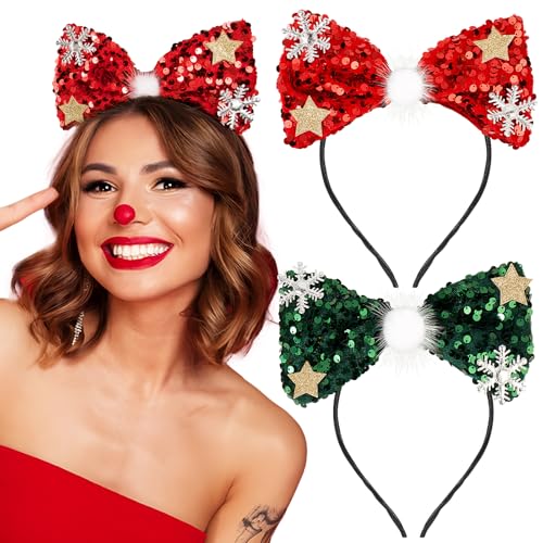 BOOMTOP 2pcs Haarreifen Weihnachten Schleife Glitzer Weihnachts Haarband Große Schleife Rot Grün Weihnachtsstirnband mit Pailletten Haarschmuck Neujahr Weihnachten Geschenk für Kinder Erwachsene von BOOMTOP
