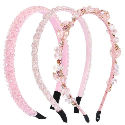 BOOMTOP 3 Strass Haarreif Dirndl Trachten Haarschmuck Kristall Stirnbänder Rosa Glitzer Strass Haarband 1,2/1,5/ 2cm Breit Damen Metall Prinzessin Haarreifen für Hochzeit Kommunion Karneval von BOOMTOP