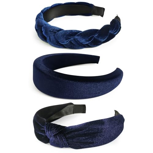 BOOMTOP 3 Stück Samt Haarreif Dirndl Trachten Haarschmuck Geflochten Stirnband Breit Haarband Gepolsterte Haarreifen mit Knoten Vintage Kopfband für Damen und Mädchen Karneval Mottoparty Dunkelblau von BOOMTOP