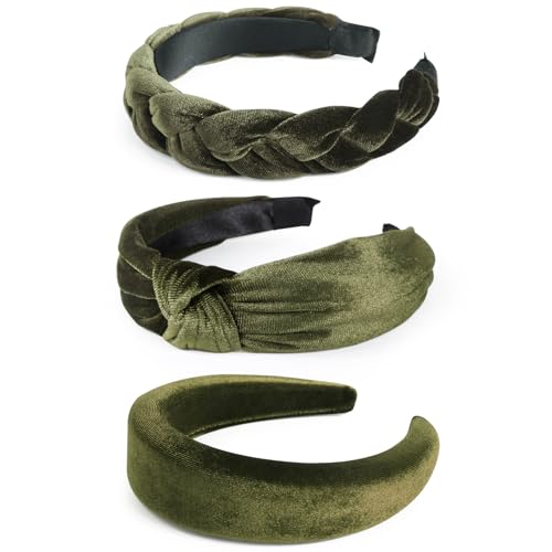 BOOMTOP 3 Stück Samt Haarreif Dirndl Trachten Haarschmuck Geflochten Stirnband Breit Haarband Gepolsterte Haarreifen mit Knoten Vintage Kopfband für Damen und Mädchen Karneval Mottoparty Grün von BOOMTOP