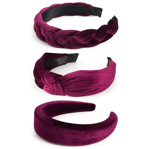 BOOMTOP 3 Stück Samt Haarreif Dirndl Trachten Haarschmuck Geflochten Stirnband Breit Haarband Gepolsterte Haarreifen mit Knoten Vintage Kopfband für Damen und Mädchen Karneval Mottoparty Rot von BOOMTOP