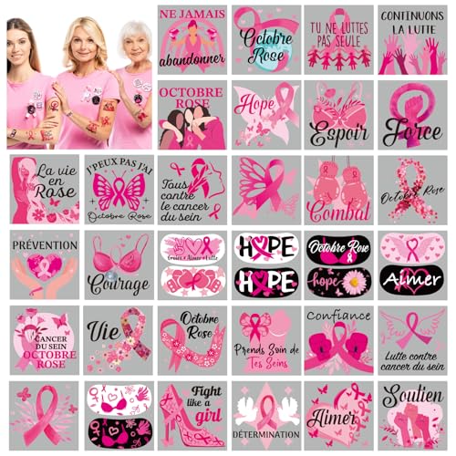 BOOMTOP 32 Bögen Temporäre Tattoos Französisch October Rose Gesicht Aufkleber Klebetattoos Cancer du Sein Face Tattoos von BOOMTOP