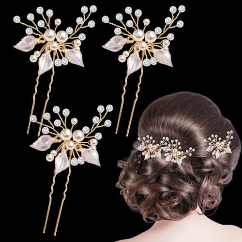 BOOMTOP 3Pcs Hochzeit Haarnadeln Blumen Braut Haarspangen Muschel-Blütenblätter Hochzeit Haarschmuck Kommunion Strass Perlen Brautschmuck Haare Rosegold Glitzer Haarklammern für Damen Mädchen von BOOMTOP