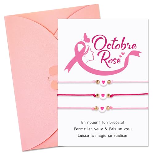 BOOMTOP 3pcs Französisch Armband OCTOBRE ROSE Geschenk Herzchen Armkettchen Armbänder mit Karte und Umschlag von BOOMTOP