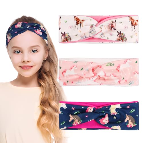 BOOMTOP 3pcs Stirnband Kinder Mädchen Dünn Haarband Pferde Mädchen Geschenk Elastisches Kopfband mit Knoten Pferdemuster Breite Haarreif Haarschmuck Kopfschmuck für Schule Sport Freizeit von BOOMTOP