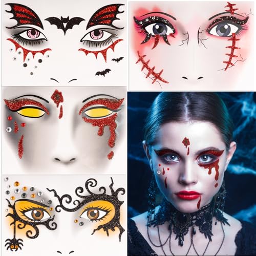 BOOMTOP 4 Bögen Halloween Gesicht Tattoos Aufkleber Selbstklebend Glitzer Face Tattoo Gesichtstattoo Temporäre Tattoo Klebetattoos Kinder Erwachsene Face Art Sticker für Karneval Mottoparty A von BOOMTOP