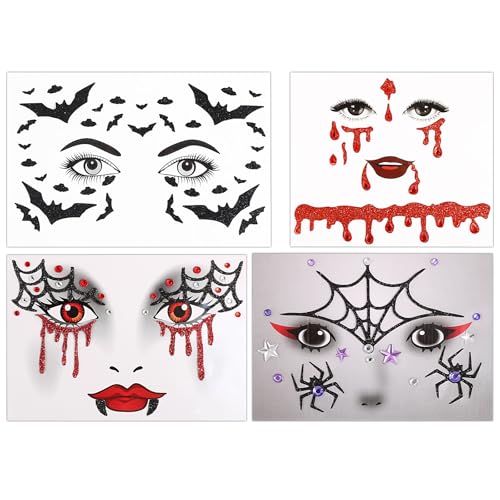 BOOMTOP 4 Bögen Halloween Gesicht Tattoos Aufkleber Selbstklebend Glitzer Face Tattoo Gesichtstattoo Temporäre Tattoo Klebetattoos Kinder Erwachsene Face Art Sticker für Karneval Mottoparty B von BOOMTOP