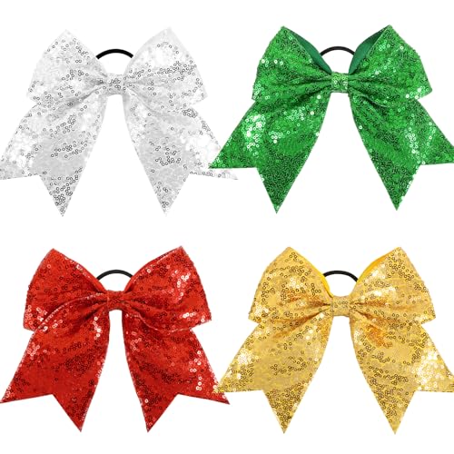 BOOMTOP 4 Haarschleife Glitzer Große Schleife Weihnachten Haargummis Silvester Cheerleader Schleife Neujahr Pailetten Weihnachts Haarschmuck Haar Accessoires für Mädchen Frauen Rot Grün Silber Gold von BOOMTOP