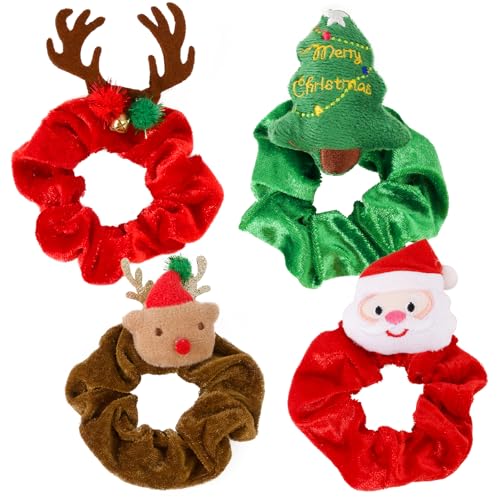 BOOMTOP 4 Stück Weihnachten Haargummis Samt Haar Scrunchies Weihnachten Elastische Haarbänder Santa Rentier Weihnachtsbaum Weihnachts Haarschmuck für Mädchen Frauen Rot Grün Braun von BOOMTOP