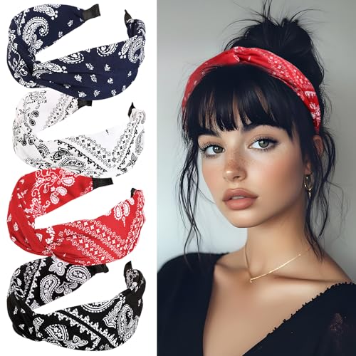 BOOMTOP 4pcs Haarreifen Breit Stirnband Paisley Damen Haarbänder mit Knoten Rockabilly Haarreif Plissiert Kopfband Vintage Haarschmuck Kopfbedeckung für Mädchen Frauen Rot Schwarz Weiß Dunkelblau von BOOMTOP