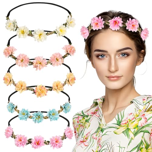 BOOMTOP 5pcs Blumen Haarband Blumenkranz Haare Trachten Haarreifen Dirndl Blumen Gäsenblümchen Haarschmuck Stirnbänder Blumenkrone mit Elastischem Gummiband für Hochzeit Karneval Festival Mottoparty von BOOMTOP