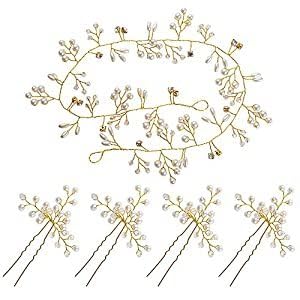 BOOMTOP 5pcs Haarschmuck Hochzeit Haarranke 50cm Braut Haarnadeln Blumen Hochzeit Haarkranz Kopfschmuck Strass Perlen Stirnband Kommunion Vintage Brautschmuck Haare für Frauen Mädchen Gold von BOOMTOP