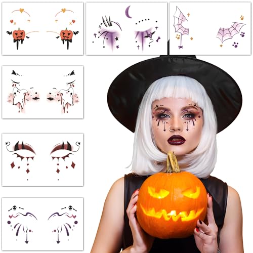 BOOMTOP 6 Bögen Halloween Tattoos Gesicht Aufkleber Halloween Face Tattoos Süße Kürbis Geister Spinnennetz Gesichtstattoo Kinder Erwachsene Temporäre Tattoo Face Art Sticker für Karneval Mottoparty B von BOOMTOP