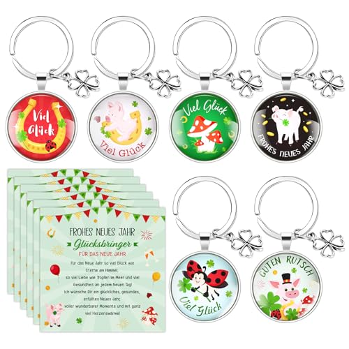 BOOMTOP 6 Schlüsselanhänger Silvester Glücksbringer Frohes Neues Jahr Deko Kleeblatt Pilz Viel Glück Geschenke Glücksschwein Hufeisen Anhänger Kleiner Glücksbringer Weihnachten Neujahr Gastgeschenke von BOOMTOP