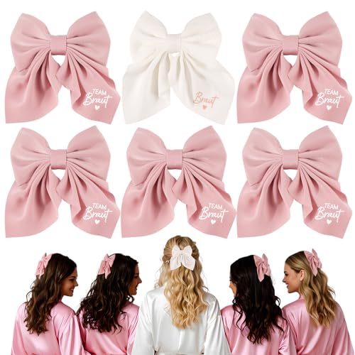 BOOMTOP 6pcs Haarschleife Braut JGA Team Braut JGA Accessoires Frauen Braut Haarschmuck mit Klammer Junggesellenabschied Deko Große Schleife Haare Hochzeit Team Bride Haarklammer Rosa Weiß von BOOMTOP