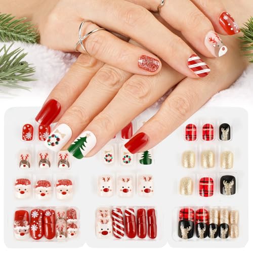 BOOMTOP 72Stk. Künstliche Nägel Kurz Weihnachten Nägel zum Aufkleben Rot Glitzer Kunstnägel Rentier Weihnachtsbaum Fingernägel zum Kleben Quadratisch Christmas Press on Nail Art Tipps Schwarz von BOOMTOP