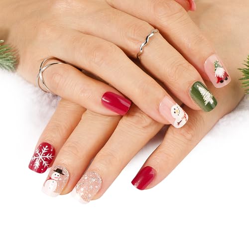 BOOMTOP 72Stk. Künstliche Nägel Kurz Weihnachten Nägel zum Aufkleben Rot Grün Glitzer Kunstnägel Weihnachtsmann Schneemann Quadratisch Fingernägel zum Kleben Christmas Press On Nails Art Tipps von BOOMTOP