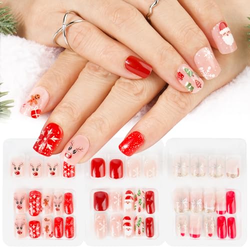 BOOMTOP 72Stk. Künstliche Nägel Kurz Weihnachten Nägel zum Aufkleben Rot Kunstnägel Rentier Lebkuchenmann Quadratisch Fingernägel zum Kleben Christmas Press On Nails Art Tipps von BOOMTOP