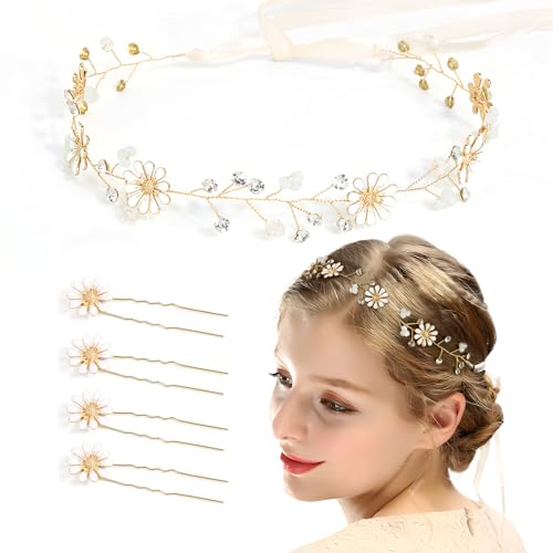 BOOMTOP Blumen Haarband Blumenkranz Hochzeit Oktoberfest Haarschmuck Sonnenblume Stirnband Dirndl Strass Haarreif mit 4 Haarspangen Gänsenblümchen Haarkranz Damen Hochzeit Karneval Kopfschmuck Gold von BOOMTOP