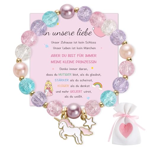 BOOMTOP Einhorn Armband Geschenk Mädchen Einhorn Glücksbringer Elastisch Perlenarmband Kinderarmband mit Bunt Perlen Geburtstag Weihnachten Silvester Geschenk Adventskalender Füllung mit Karte Beutel von BOOMTOP