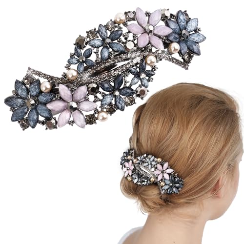 BOOMTOP Strass Haarspangen Blumen Damen Trachten Haarschmuck Oktoberfest Elegante Haarklammern Kristall Blumen Perlen Glitzer Haar Clips Mädchen Französisch Vintage Haar Accessoires Blau Rosa von BOOMTOP