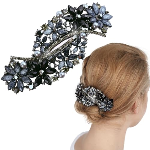 BOOMTOP Strass Haarspangen Blumen Damen Trachten Haarschmuck Oktoberfest Elegante Haarklammern Kristall Blumen Perlen Glitzer Haar Clips Mädchen Französisch Vintage Haar Accessoires Schwarz Blau von BOOMTOP