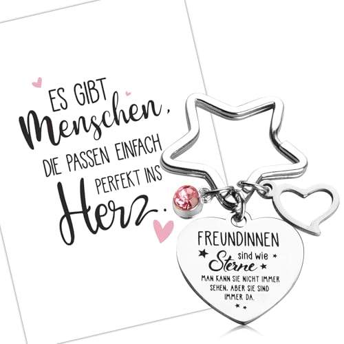 BOOMTOP Freundinnen Schlüsselanhänger Geschenke mit Gravur Beste Freundin Geschenk Stern Herz Weihnachten Silvester Geschenk Ideen Freundin Abschiedsgeschenk Freundschaftsgeschenk mit Umschlag Karte von BOOMTOP