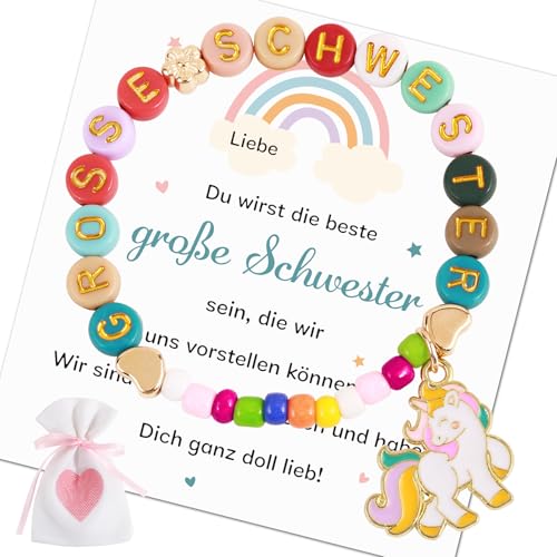 BOOMTOP Große Schwester Armband Geschenk Du wirst Grosse Schwester Armband Bunt Postkarte Kinder Big Sister Kinderarmband Geschenk zur Geburt Elastisches Perlenarmband mit Kärtchen und Stoffbeutel von BOOMTOP