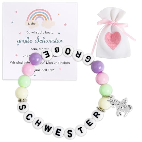 BOOMTOP Große Schwester Armband Geschenk Du wirst Große Schwester Armband Postkarte Kinder Big Sister Kinderarmband Geschenk zur Geburt Elastisches Perlenarmband mit Kärtchen und Stoffbeutel Rosa von BOOMTOP
