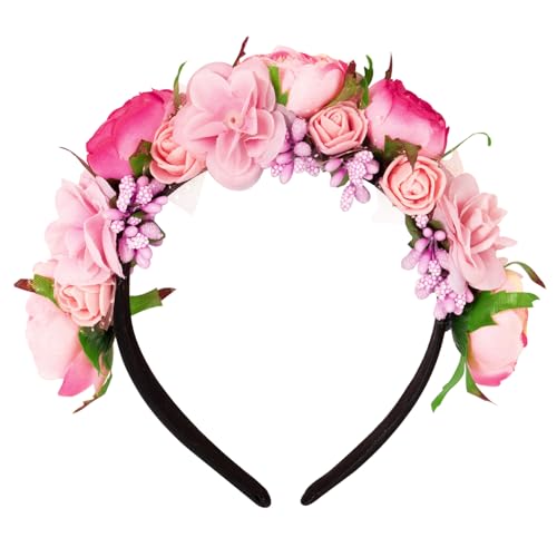 BOOMTOP Haarreif Blumen Blumenkranz Haare Haarband Rosen Braut Trachten Haarschmuck Blumenstirnband Damen Mädchen Haarkranz Kopfschmuck mit Blüten für Karneval Fasching Hochzeit Rosenrot von BOOMTOP