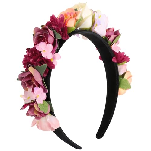 BOOMTOP Haarreif Blumen Dirndl Rosen Haarband Trachten Haarschmuck Blumen Haarkranz Stirnband Damen Mädchen Kopfband mit Gemischten Blüten für Hochzeit Karneval Mottoparty Rot Rosa Beige von BOOMTOP
