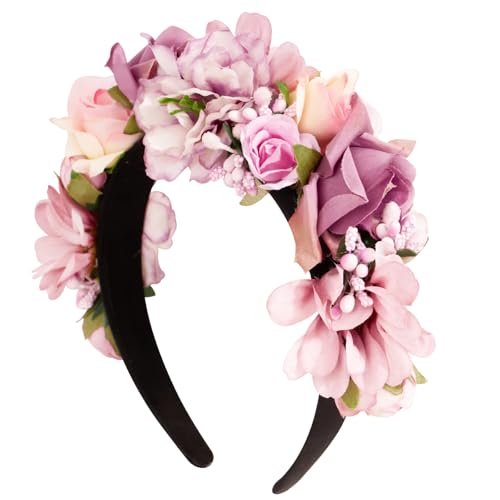 BOOMTOP Haarreif Dirndl Blumen Rosen Haarband Trachten Haarschmuck Blumen Haarkranz Stirnband Damen Mädchen Kopfband mit Gemischten Blüten für Hochzeit Hawaii Karneval Mottoparty Lila Rosa von BOOMTOP