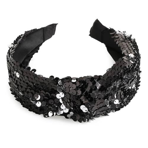BOOMTOP Haarreifen Damen Pailletten Silvester Haarreif Breit Weihnachten Haarbänder mit Knoten Glitzer Silvester Stirnband Mädchen Frauen Weihnachts Haarschmuck Schwarz Weihnachten Neujahr Geschenk von BOOMTOP
