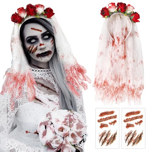 BOOMTOP Halloween Blutiger Schleier Haarreif Blumen Halloween Haarschmuck Brautschleier Kurz Horror Zombie Braut Kostüm mit 2 Narben Temporäre Tattoos Karneval Fasching Mottoparty Kostüm Accessoires von BOOMTOP