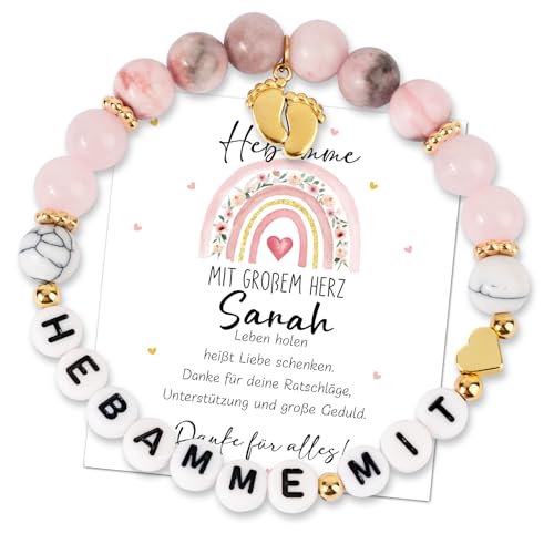 BOOMTOP Hebamme Geschenk Armband Hebamme mit Herz Dankeschön Geschenke Armbänder Elastisch Perlenarmband 30cm Rosa Buchstaben Armkettchen Danke für Alles Geschenk mit Dankeskarte und Umschlag von BOOMTOP